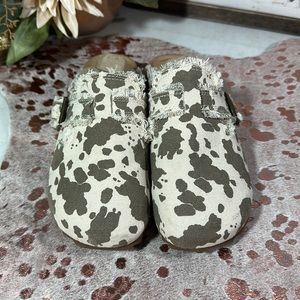 Very G Cowprint Canvas Buckled Mules in Cream and Brown